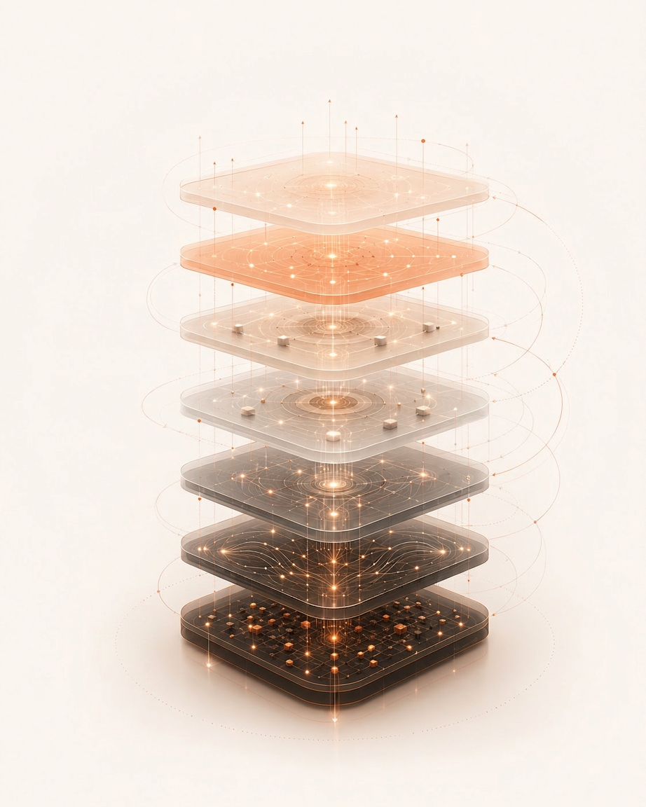 Stacked translucent layers representing systemic maturity, with glowing connections rising through each tier.